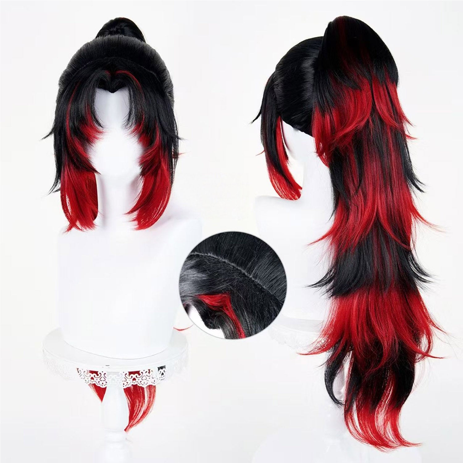 Anime Cosplay 40cm Black to Red Wig with 80cm Clip-in Long Layered Ponytail