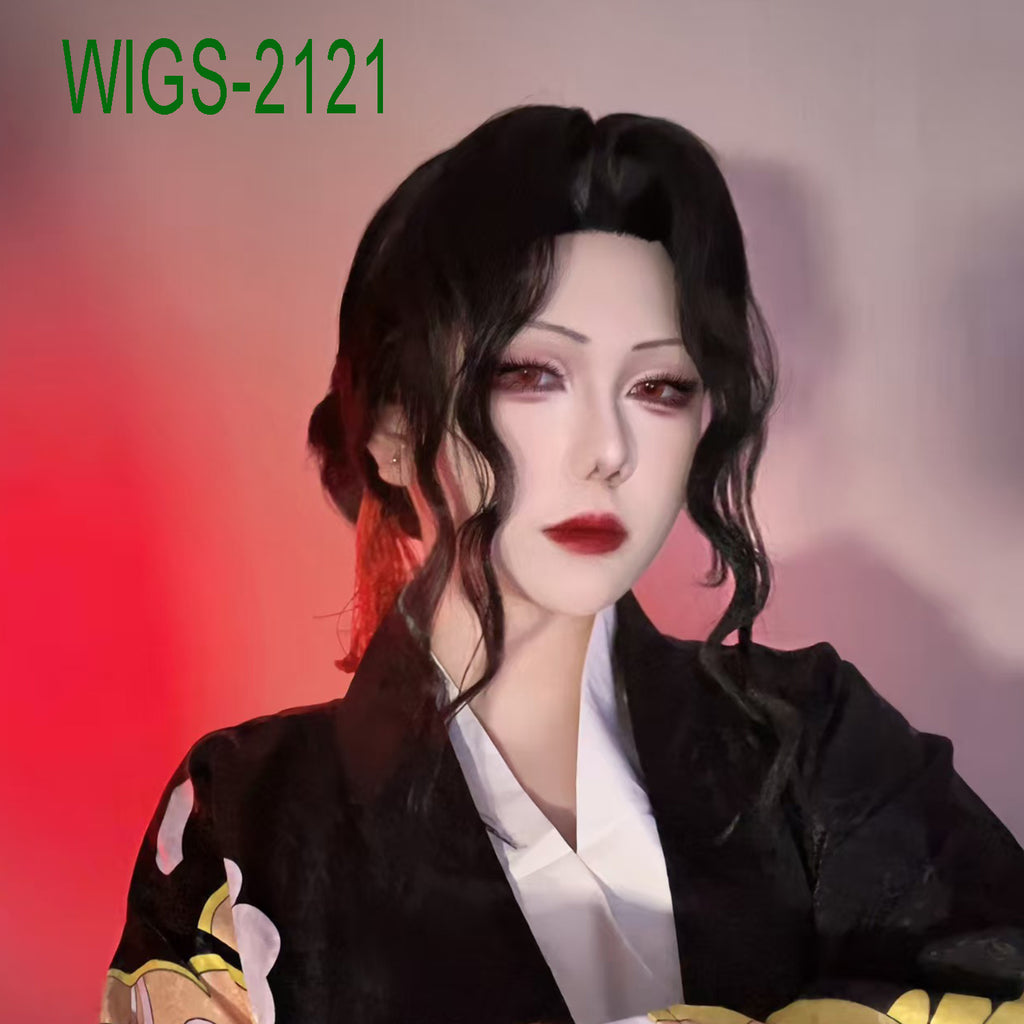 Black Updo Wig with Curly Bangs-38cm Anime Cosplay Fake Hair
