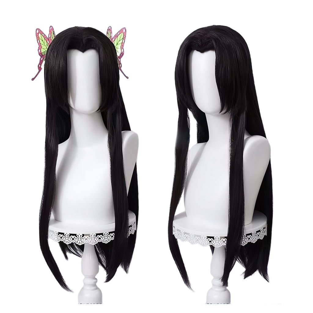Middel Part Long Black Straight Wig - 80cm Anime Cosplay Fake Hair with Two Butterfly Hairpin