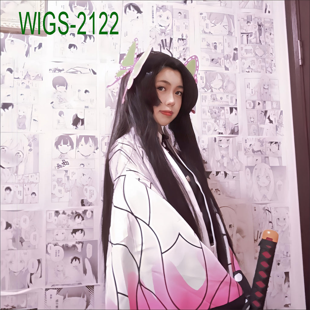 Middel Part Long Black Straight Wig - 80cm Anime Cosplay Fake Hair with Two Butterfly Hairpin