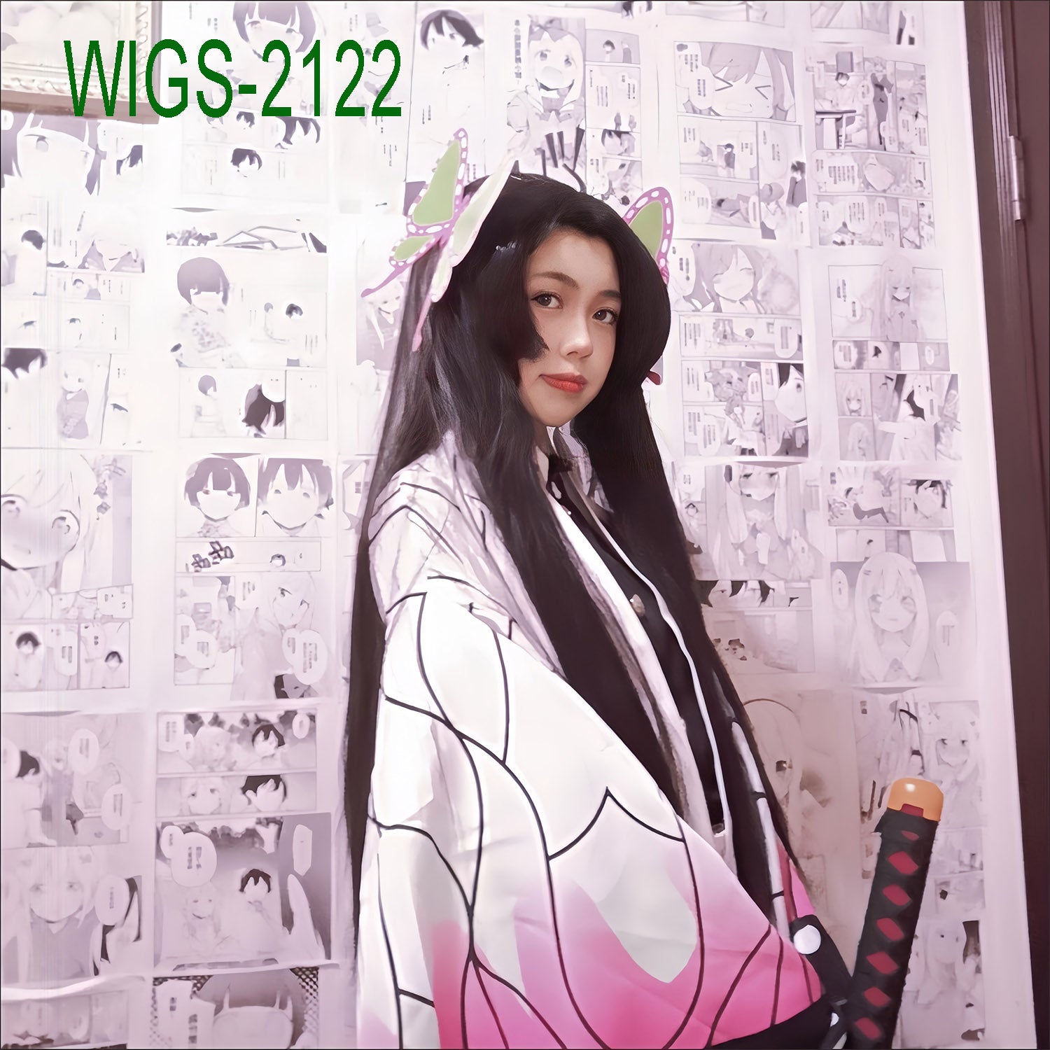 Middel Part Long Black Straight Wig - 80cm Anime Cosplay Fake Hair with Two Butterfly Hairpin