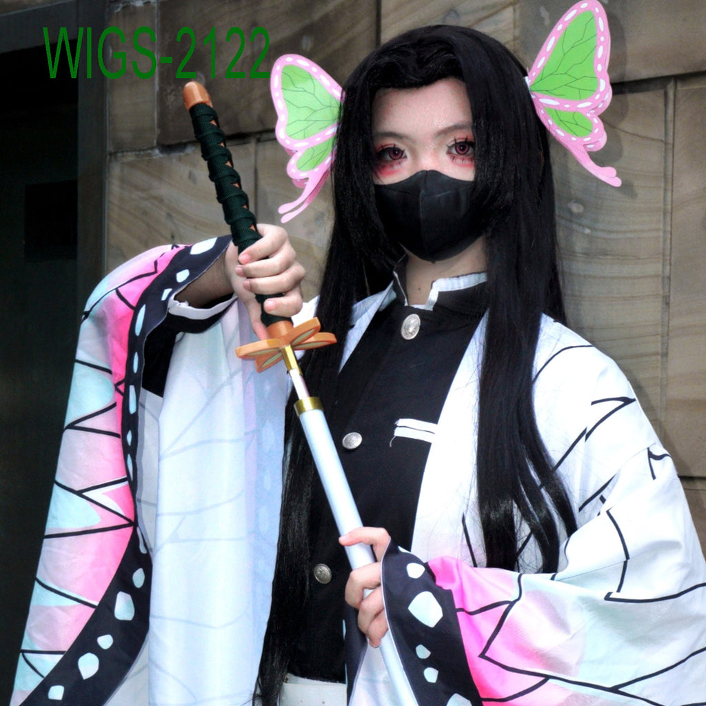 Middel Part Long Black Straight Wig - 80cm Anime Cosplay Fake Hair with Two Butterfly Hairpin