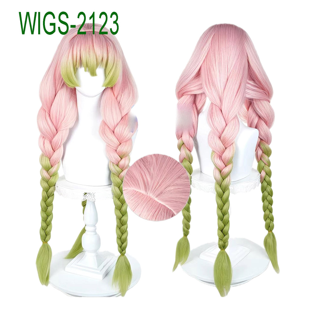 Long Pink and Green Mixed-Color Wig with Three Braids-90cm Anime Cosplay Fake Hair