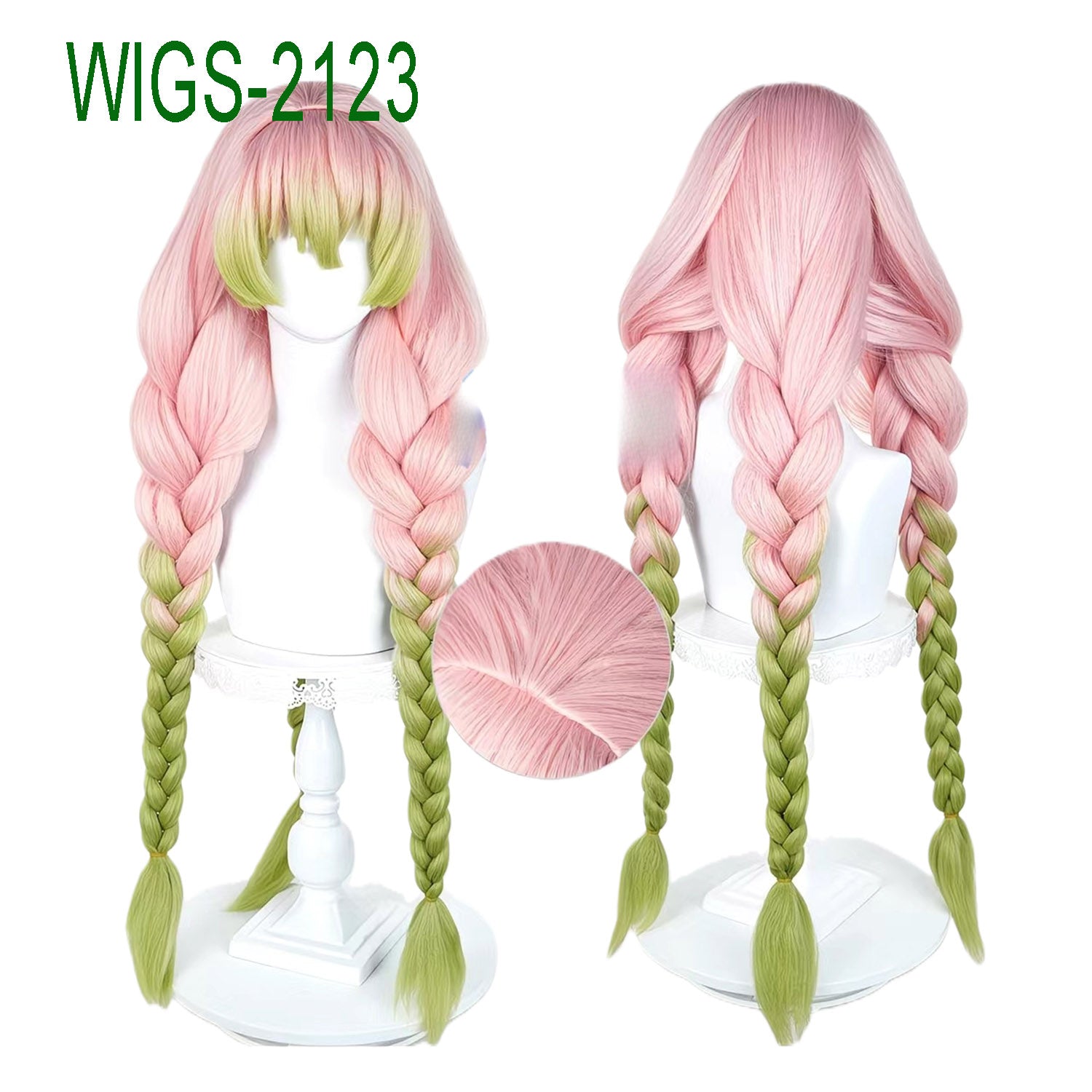 Long Pink and Green Mixed-Color Wig with Three Braids-90cm Anime Cosplay Fake Hair