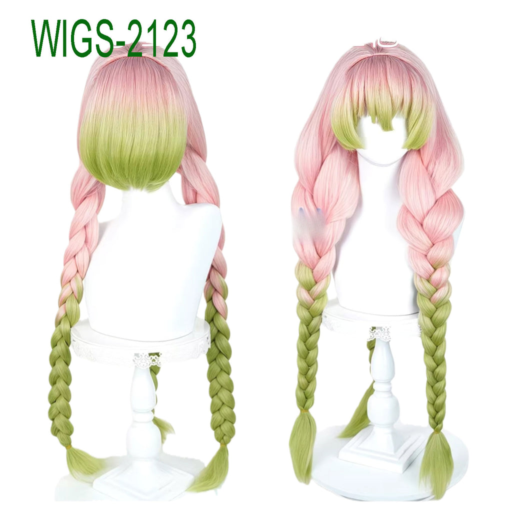 Long Pink and Green Mixed-Color Wig with Three Braids-90cm Anime Cosplay Fake Hair