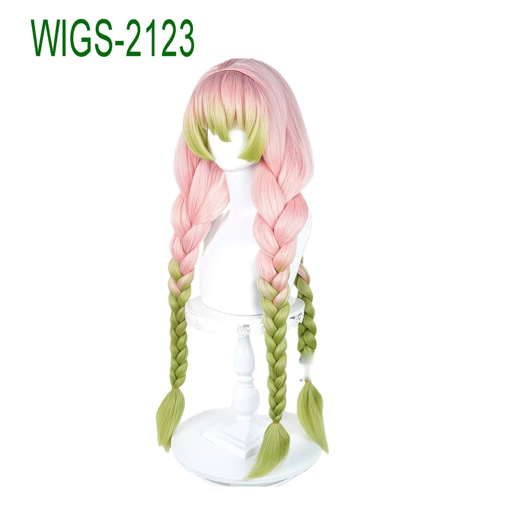 Long Pink and Green Mixed-Color Wig with Three Braids-90cm Anime Cosplay Fake Hair