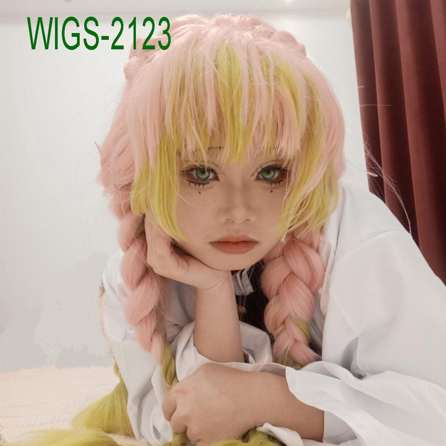 Long Pink and Green Mixed-Color Wig with Three Braids-90cm Anime Cosplay Fake Hair