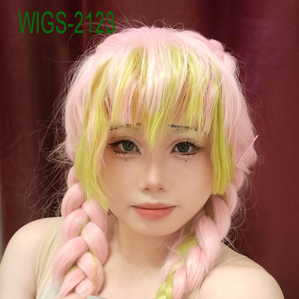 Long Pink and Green Mixed-Color Wig with Three Braids-90cm Anime Cosplay Fake Hair