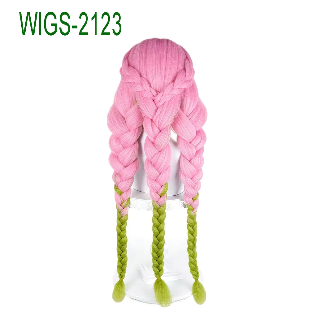 Long Pink and Green Mixed-Color Wig with Three Braids-90cm Anime Cosplay Fake Hair
