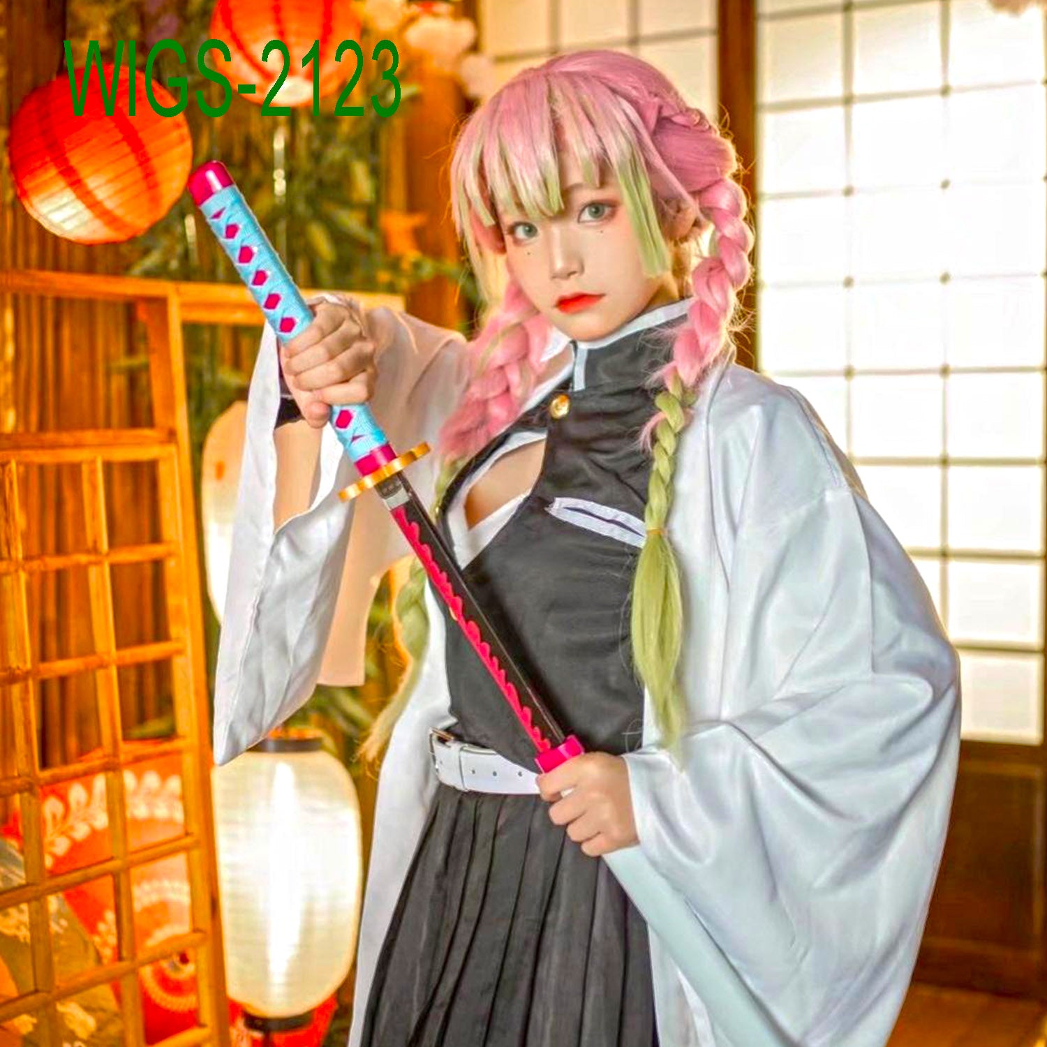 Long Pink and Green Mixed-Color Wig with Three Braids-90cm Anime Cosplay Fake Hair