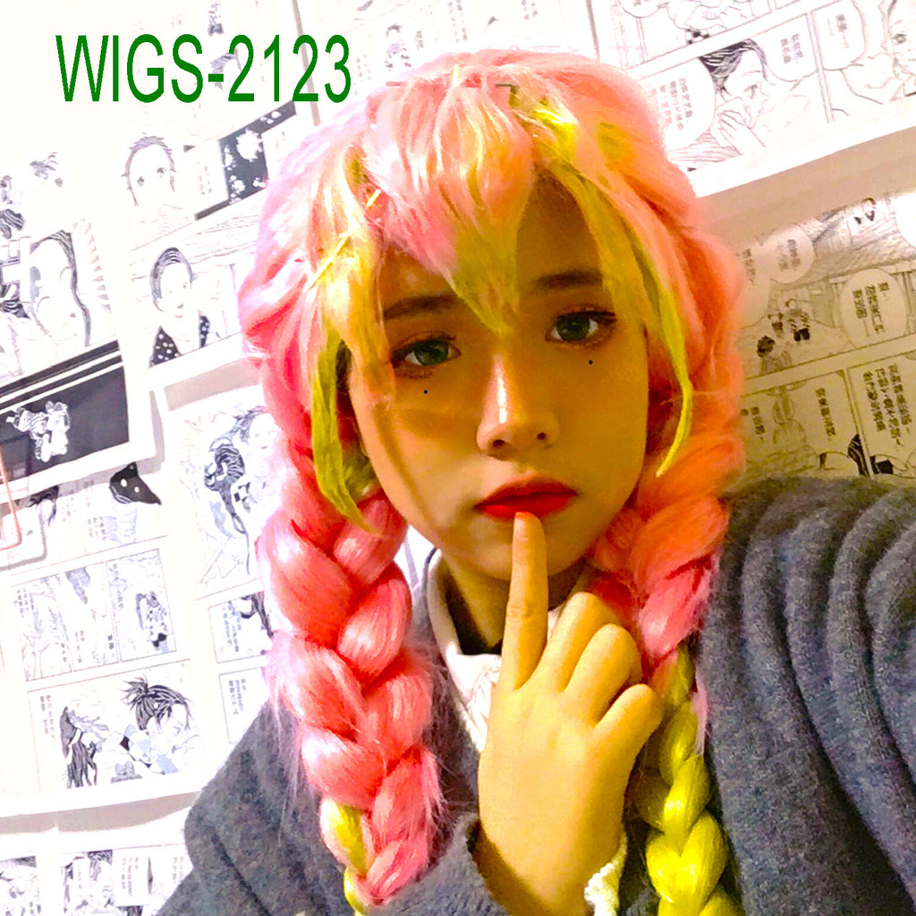 Long Pink and Green Mixed-Color Wig with Three Braids-90cm Anime Cosplay Fake Hair