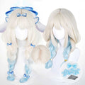 Cloudy Fantasy Twin Braids Wig - 57cm White Blue Gradient with Bow Clipe Hair for Sanrio and Yao from Arena of Valor