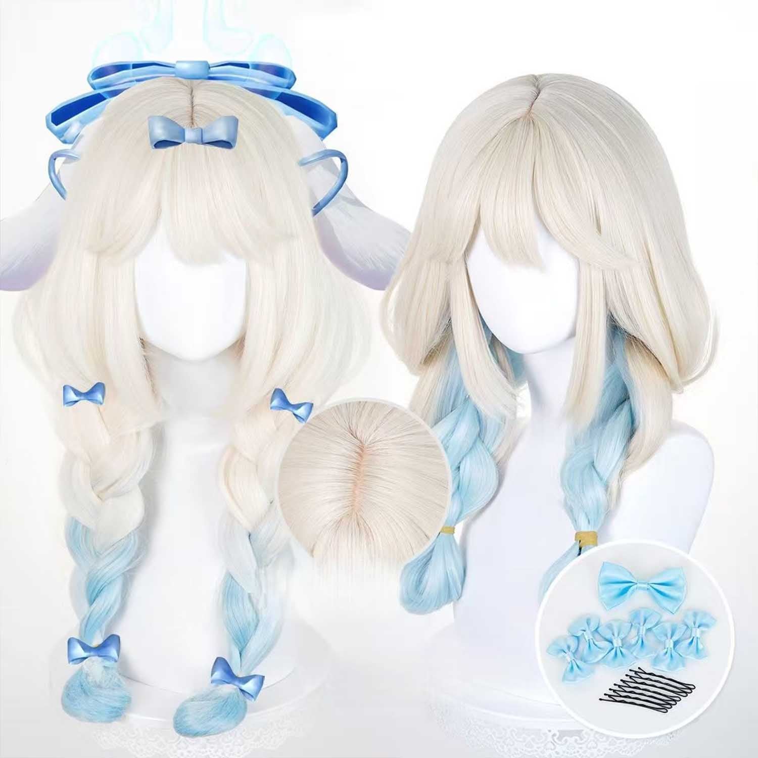 Cloudy Fantasy Twin Braids Wig - 57cm White Blue Gradient with Bow Clipe Hair for Sanrio and Yao from Arena of Valor