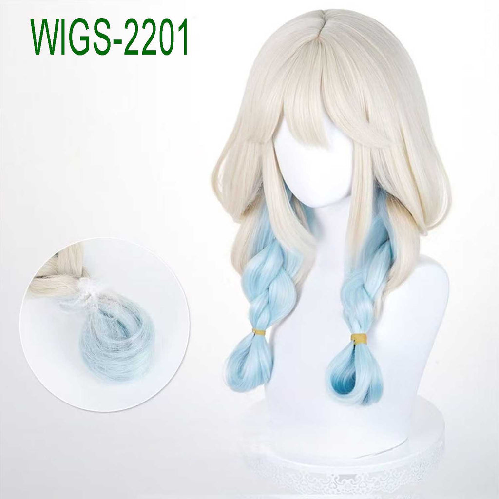Cloudy Fantasy Twin Braids Wig - 57cm White Blue Gradient with Bow Clipe Hair for Sanrio and Yao from Arena of Valor
