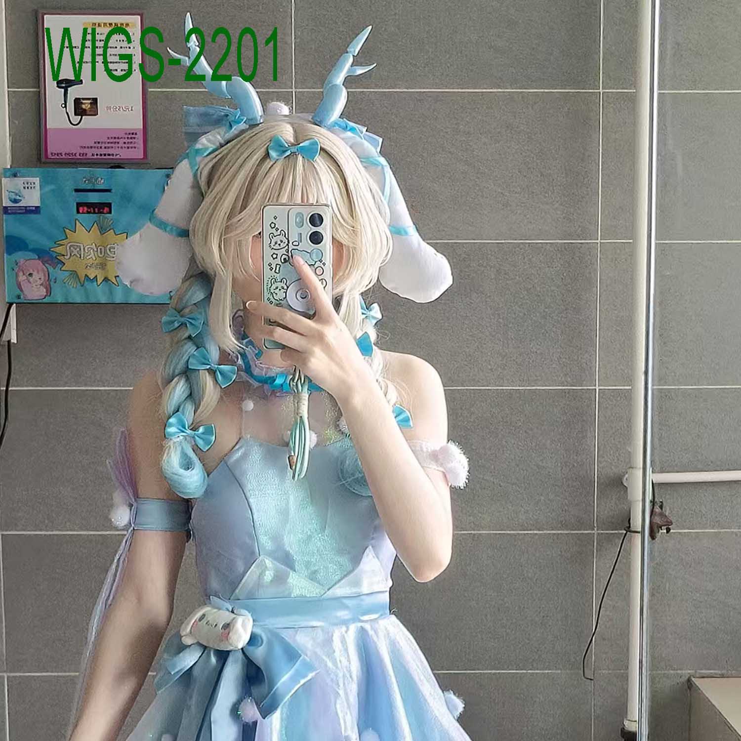 Cloudy Fantasy Twin Braids Wig - 57cm White Blue Gradient with Bow Clipe Hair for Sanrio and Yao from Arena of Valor