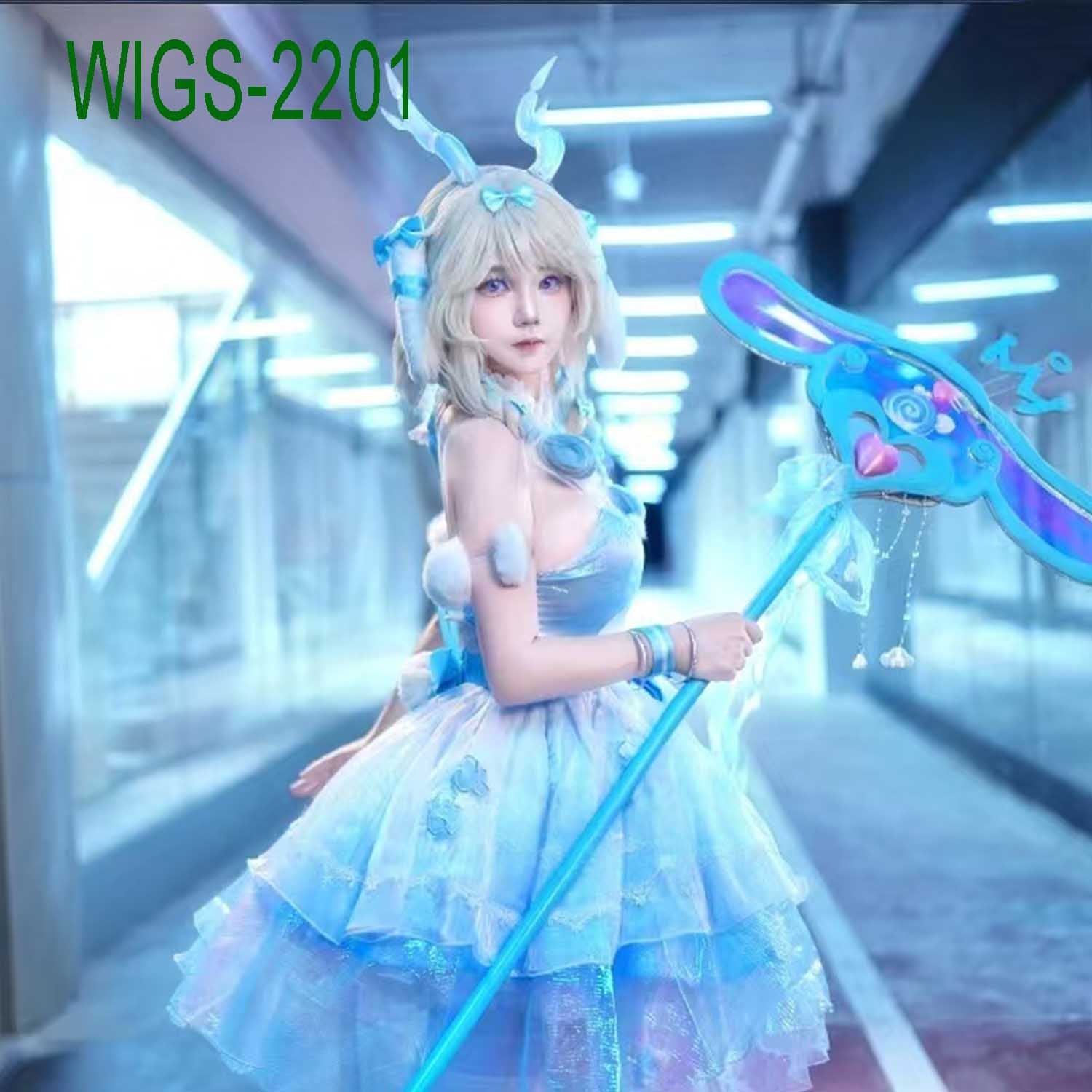 Cloudy Fantasy Twin Braids Wig - 57cm White Blue Gradient with Bow Clipe Hair for Sanrio and Yao from Arena of Valor